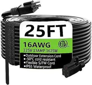 Indoor Outdoor Black Extension Cord 25 ft Waterproof, 16/3 Gauge Flexible Cold-Resistant Appliance Extension Cord Outside, 13A 1625W 16AWG SJTW, 3 Prong Heavy Duty Electric Cord, ETL HUANCHAIN