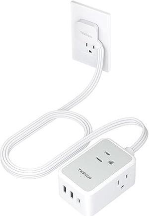 Small Flat Plug Power Strip, TESSAN Ultra Thin Extension Cord with 3 USB Wall Charger (1 USB C), 3 Outlets Mini Charging Station, 5 ft Slim Plug for Cruise Travel Office School Dorm Room Essentials