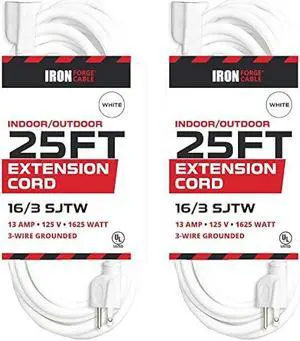 25 Ft White Extension Cord 2 Pack - 16/3 Durable Electrical Cable - US Veteran Owned Company