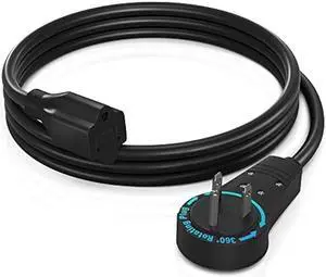 Maximm Cable 3 Feet 360° Rotating Flat Plug Extension Cord/Wire, 3 Prong Grounded Wire 16 Awg Power Cord - Black UL Certified