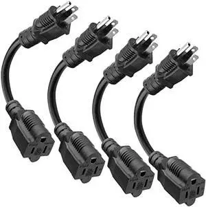 Kasonic 8 inch Short Power Extension Cord Outlet Saver, ETL Listed, SJTW 16AWG/13A 3 Prong Indoor/Outdoor Use, 4 Pack, Black