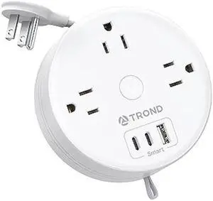 Travel Power Strip - TROND Retractable Power Strip with 3 AC Outlets 3 USB Ports (2 USB C), Ultra Thin Flat Plug 5ft Retractable Extension Cord, Cruise Ship Essentials, Compact for Travel Hotel, White