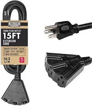 Cablectric 15 Foot Outdoor Extension Cord with 3 Power Outlets - 16/3 SJTW Black 16 Gauge Electrical Cable with 3 Prong Grounded Plug