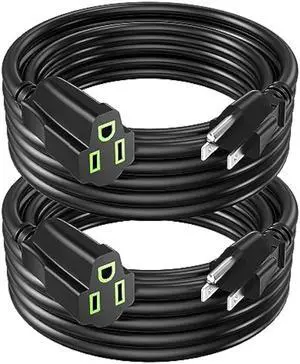 Power Extension Cord 10FT(2 Pack), 3 Prong Grounded Electric Extension Cable Outlet Saver, Single Outlet, Heavy Duty, Waterproof, Flexible, 16AWG, STJ, 13A 125V, Indoor Wires for Home or Office Use