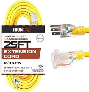 IRON FORGE CABLE 25 ft Lighted Outdoor Extension Cord - 12/3 SJTW Heavy Duty Yellow Extension Cable Extension Cable with 3 Prong Grounded Plug for Safety, 15AMP -Great for Garden and Major Appliances