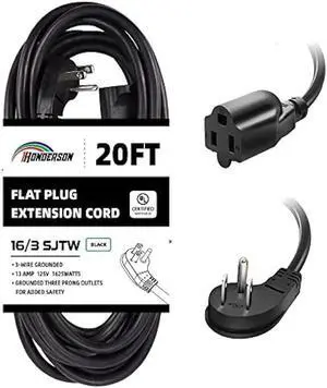Flat Plug Indoor Extension Cord, UL Listed, 16 Gauge 20FT Black 3 Prong Heavy Duty, 16/3 SJTW 13A Power Cord for Lights, Appliances, Home