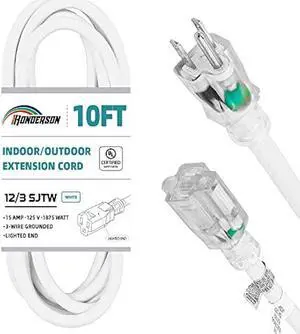 Indoor Outdoor Extension Cord Weatherproof with Lighted End, UL Listed, 12 Gauge 10FT White 3 Prong Heavy Duty, 12/3 SJTW 15A Power Cord for Outdoor Lights, Lawn