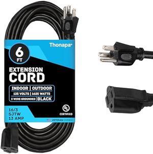 Thonapa 6 Ft Black Outdoor Extension Cord - 16/3 SJTW Weatherproof Water Resistant Electrical Cable with 3 Prong Grounded Plug for Indoor & Outdoor