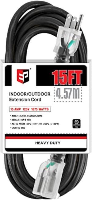EP 15Ft 14/3 Lighted Outdoor Extension Cord - 14 Gauge 3 Prong SJTW Heavy Duty Black Extension Cable with 3 Prong Grounded Plug for Safety,Great for Garden and Major Appliances,UL Listed
