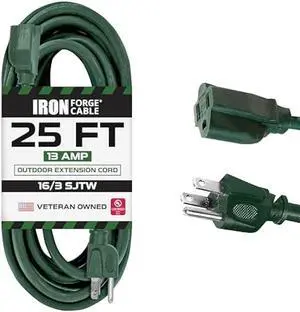 Iron Forge Cable Green Outdoor Extension Cord 25 Ft, 16/3 Green 25 Foot Extension Cord Indoor/Outdoor Use, 3 Prong, Weatherproof Jacket Extension Cord
