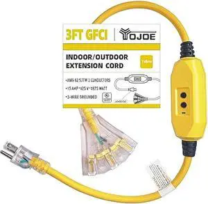 YOJOE 3 Foot GFCI Yellow Extension Cord,Lighted Outdoor 12/3 Cord with 3 Power Outlets,12 Gauge 3 Prong SJTW Heavy Duty Extension Cable with 3 Prong Grounded Plug for Safety,UL Listed