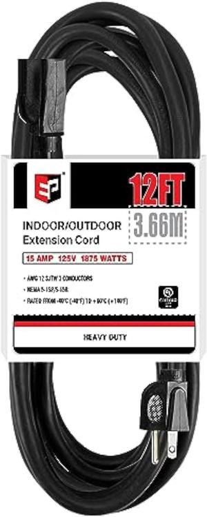 EP 12 Ft Outdoor Extension Cord - 12/3 SJTW Heavy Duty Black Extension Cable with 3 Prong Grounded Plug - Power Cord for Lawn, Garden, Appliances
