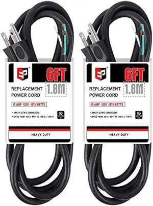EP 2 Pack 6 ft 14/3C SJTW Appliance and Power Tool Cord, 14 Gauge 3 Prong Heavy Duty Replacement Power Supply Cord Cable, 110V 115V 120V AC Pigtail, 15A, 1875w