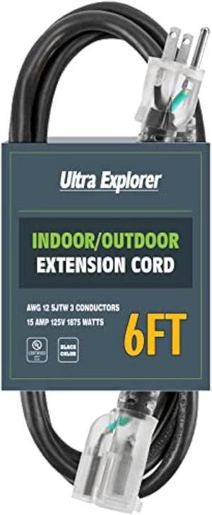 Ultra Explorer 6 Foot Lighted Outdoor Extension Cord - 12/3 SJTW Heavy Duty Black Extension Cable with 3 Prong Grounded Plug for Safety, 15 AMP - Great for Garden and Major Appliance