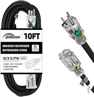 Indoor Outdoor Extension Cord Weatherproof with Lighted End, UL Listed, 12 Gauge 10FT Black 3 Prong Heavy Duty, 12/3 SJTW 15A Power Cord for Outdoor Lights, Lawn