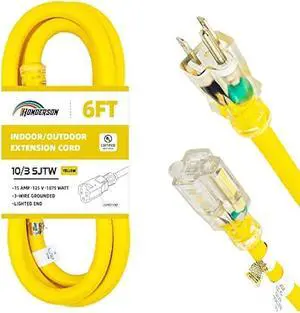 Indoor Outdoor Extension Cord Weatherproof with Lighted End, UL Listed, 10 Gauge 6FT Yellow 3 Prong Heavy Duty, 10/3 SJTW 15A Power Cord for Outdoor Lights, Lawn