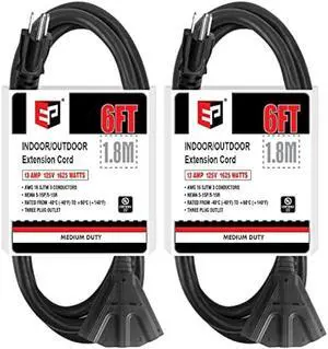 EP 2 Pack 6 Ft Outdoor Extension Cord with 3 Electrical Power Outlets - 16/3 SJTW Durable Black Cable with 3 Prong Grounded Plug