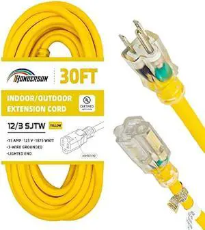 Indoor Outdoor Extension Cord Weatherproof with Lighted End, UL Listed, 12 Gauge 30FT Yellow 3 Prong Heavy Duty, 12/3 SJTW 15A Power Cord for Outdoor Lights, Lawn