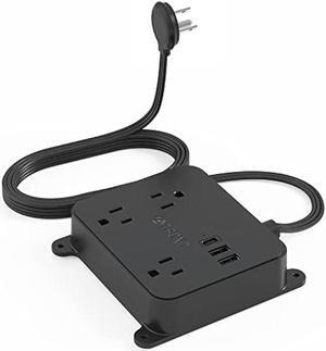 Flat Plug Power Strip - TROND 10FT Long Extension Cord with 3 AC Outlets, 2 USB-A Ports, 1 USB-C Port, Long Cord Desk Charging Station, Wall Mount for Home, Office Accessories, Dorm Room Essentials