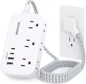 Flat Extension Cord, 5FT Flat Plug Power Strip with USB C, 6 Outlets 4 USB Ports (2 USB C) Slim Desk Charging Station, Power Strip with No Surge Protector for Cruise Ship, Dorm Room Travel Essentials