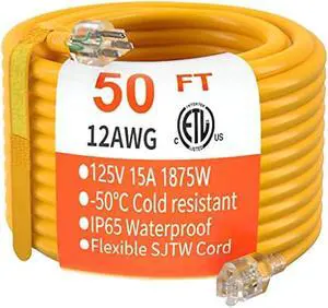 50 ft 12/3 Gauge Heavy Duty Outdoor Extension Cord Waterproof with Lighted, Flexible Cold Weather 3 Prong Electric Cord Outside, 15A 1875W 125V 12AWG SJTW, Yellow, ETL Listed HUANCHAIN