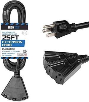 Iron Forge Cable Heavy Duty Extension Cord 25 Ft Black Oil Resistant Outdoor Extension Cord for Halloween Decorations with 3 Outlets, Weatherproof 14/3 SJTOW Outdoor Extension Cord Multiple Outlet