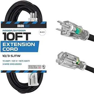 Iron Forge Cable 10 Foot Outdoor Extension Cord - 10/3 SJTW Black 10 Gauge Extension Cable with 3 Prong Grounded Plug for Safety, 15 AMP - Great for Garden and Major Appliances