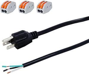 14 AWG 12 Feet AC Power Cord Pigtail 3-Wire Stripped End Heavy Duty 14 Gauge 3 Prong Open End SJT Power Supply AC Plug NEMA 5-15P, Replacement AC Wall Cable 15A, 1875W at 125VAC
