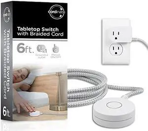 Cordinate Designer On/Off Switch Plug, 6 Ft Braided Power Cord, 3 Prong, Slip Resistant Base, Tabletop or Wall Mount, Perfect for Lamps/Seasonal Lights, White/Gray, 41095