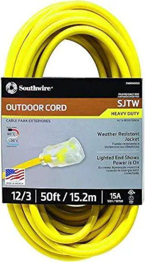 Southwire 2588SW0002 Outdoor Cord-12/3 SJTW Heavy Duty 3 Prong Extension Cord-for Commercial Use (50', Yellow), 50 Feet