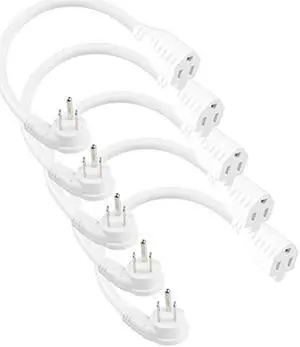 [5 Pack] Flat Plug Short Power Extension Cord - 8inch Low Profile Flat Plug 3 Prong Grounded Indoor Extension Cord, Rated for 13AMP,16AWG Heavy Duty White Electrical Extension Cord with Flat Head