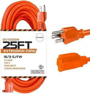 Iron Forge Cable Weatherproof 25 Ft Outdoor Extension Cord - 16/3 SJTW 13 Amp Heavy Duty Highly Visible Orange Extension Cord 3 Prong - Lighted End