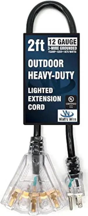2 ft - 12 Gauge Heavy Duty 3-Outlet Lighted SJTW Indoor/Outdoor Black Extension Cord by Watt's Wire - Short 2' 12-Gauge Grounded 15-Amp Power-Cord (2 Foot 12-Awg Black)