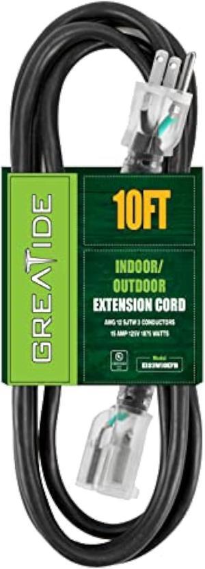 GREATIDE 10 Ft Lighted Outdoor Extension Cord - 12/3 SJTW Heavy Duty Black Extension Cable with 3 Prong Grounded Plug - 15 Amp Power Cord for Lawn, Garden, Appliances