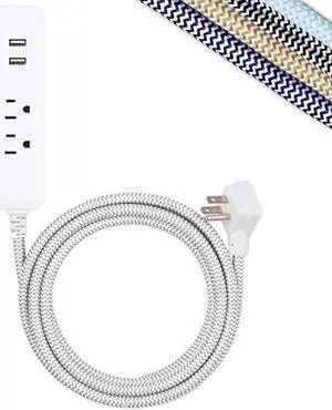 Cordinate Designer USB Charging Station Extension Cord, Power Strip Surge Protector, 2 Outlets, 2 USB Ports, Extra Long 10 Ft Cable with Flat Plug, Braided Cord, 2.4A Fast Charge, Gray/White, 41691