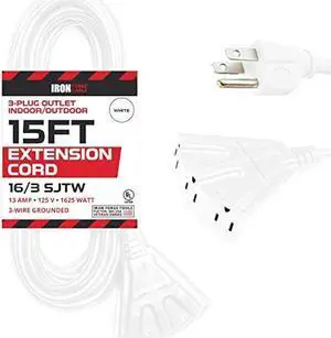 15 Ft Outdoor Extension Cord with 3 Electrical Power Outlets - 16/3 SJTW Durable White Cable