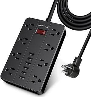 Power Strip with 6 USB,HUNIAN 5 Ft Extension Cord Flat Plug with 8 Widely Spaced Outlets Overload Protection Indoor Desk Charging Station Surge Protector for Home and Office Accessories, Black
