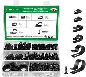 Cable Clips for Cable Management Cord Organizer, 6 Sizes 300 PCS Nylon R-Type, 3/16'' 1/4'' 3/8'' 1/2'' 3/4'' 1'' Black Plastic Screw Mounting Cord Fastener Clamp Assortment Kit with M4 Screws