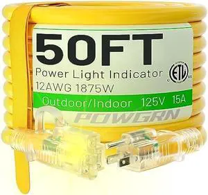 50 ft 12/3 Outdoor Extension Cord Waterproof Heavy Duty with Lighted Indicator End 12 Gauge 3 Prong, Flexible Cold-Resistant Long Power Cord Outside, 15Amp 1875W SJTW Yellow ETL Listed POWGRN
