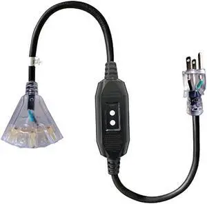 GREATIDE 3 Ft Outdoor GFCI Lighted Extension Cord with 3 Power Outlets, 15 Amp 12/3 SJTW Heavy Duty Black Pigtail Extension Cable with 3 Prong Grounded Plug for Safety, UL Listed