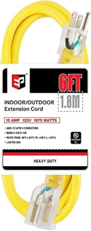 EP 6 ft Lighted Outdoor Extension Cord - 12/3 SJTW Heavy Duty Yellow Extension Cable with 3 Prong Grounded Plug - 15AMP Power Cord for Lawn, Garden, Appliances