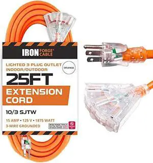 25 Foot Lighted Outdoor Extension Cord with 3 Electrical Power Outlets - 10/3 SJTW Orange 10 Gauge Extension Cable with 3 Prong Grounded Plug for Safety, 15 AMP