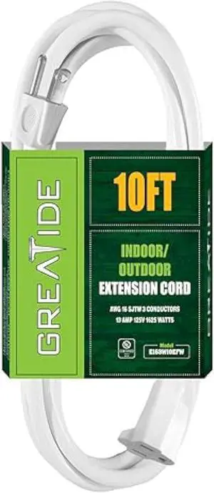 GREATIDE 10 FT White Outdoor Extension Cords, 16/3 Gauge, SJTW Waterproof Cable, 3 Prong Grounded Plug, Weather Resistant for Safety