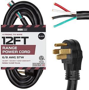 Iron Forge Cable 4 Prong Range Cord 12 Ft - 50 Amp Extension Cord 12 Foot, NEMA 14-50 Plug, 6/8 Range & Stove Cord 4 Prong STW, 125V/250V, 12500 Watt. Great for EV Extension Cord & EV Charger