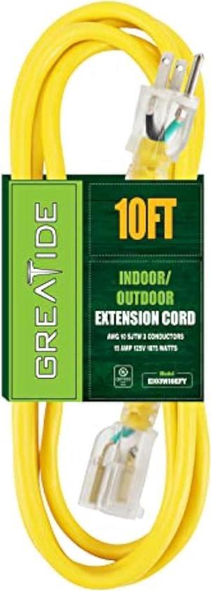 GREATIDE 10 Ft Lighted Outdoor Extension Cord - 10/3 SJTW Heavy Duty Yellow Extension Cable with 3 Prong Grounded Plug for Safety, UL Listed
