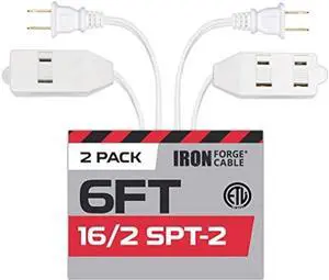 Iron Forge Cable 6 Ft White Extension Cord with 3 Outlets, 16/2 Indoor Extension Cord with Multiple Outlets, 13 AMP 2 Prong Electrical Cable for Home, Office, Household Appliances