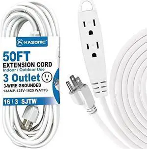 50-Feet 3 Outlet Extension Cord, Kasonic UL Listed, 16/3 SJTW 3-Wire Grounded, 13 Amp 125 V 1625 Watts, Multi-Outlet Indoor/Outdoor Use, White