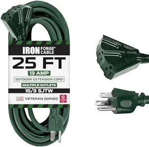 25 Foot Outdoor Extension Cord with 3 Electrical Power Outlets - 16/3 SJTW Durable Green Extension Cable with 3 Prong Grounded Plug for Safety