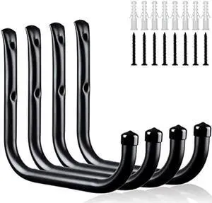 KURUI Ladder Hooks for Garage Wall, 4 Pack Large Garage Storage Hanger for Bike Extension Cord Tool Cable, Wall Mount l Utility Hooks with Wall Anchors and Screws, Black Heavy Duty 8 inch Long Hooks