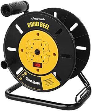 DEWENWILS Extension Cord Storage Reel with 4-Grounded Outlets, Heavy Duty Open Cord Reel for 12/3,14/3,16/3 Gauge Power Cord, Hand Wind Retractable, 13A Circuit Breaker, Yellow, ETL Listed